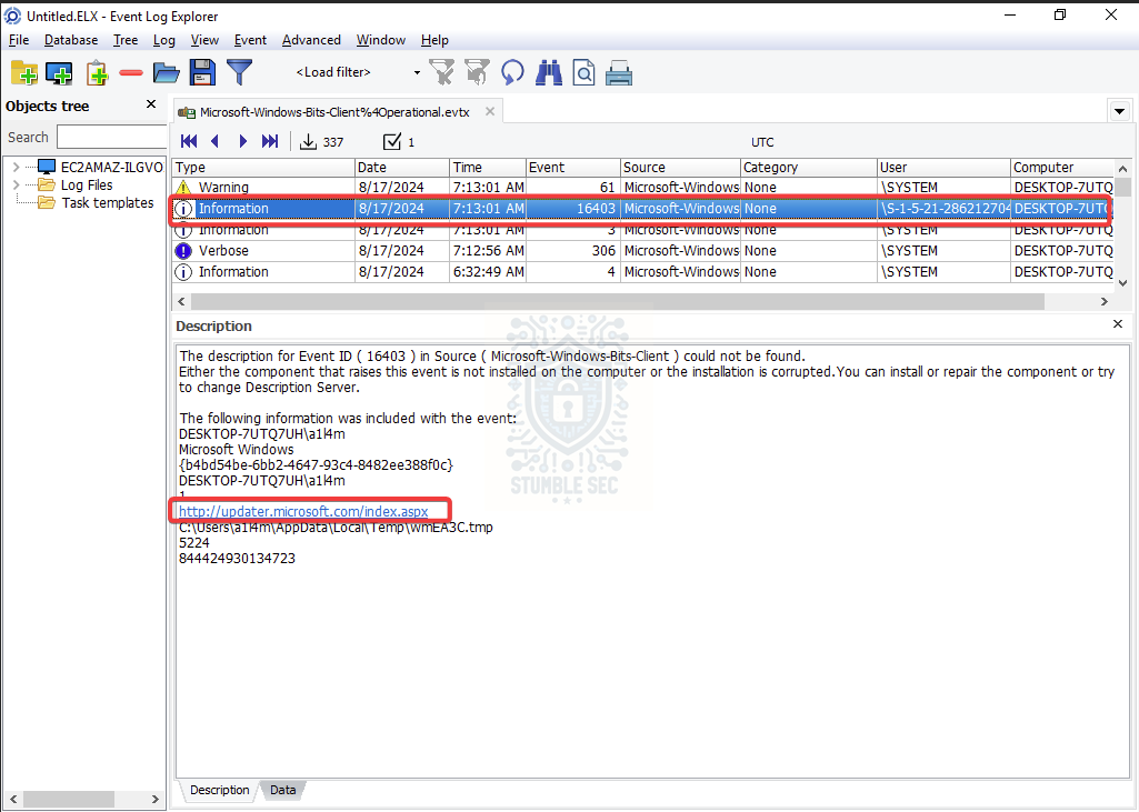 Event Log Explorer: Identifying the URL used by the second stage