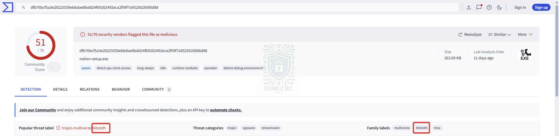 VirusTotal: Identifying the malware family from the collected hash