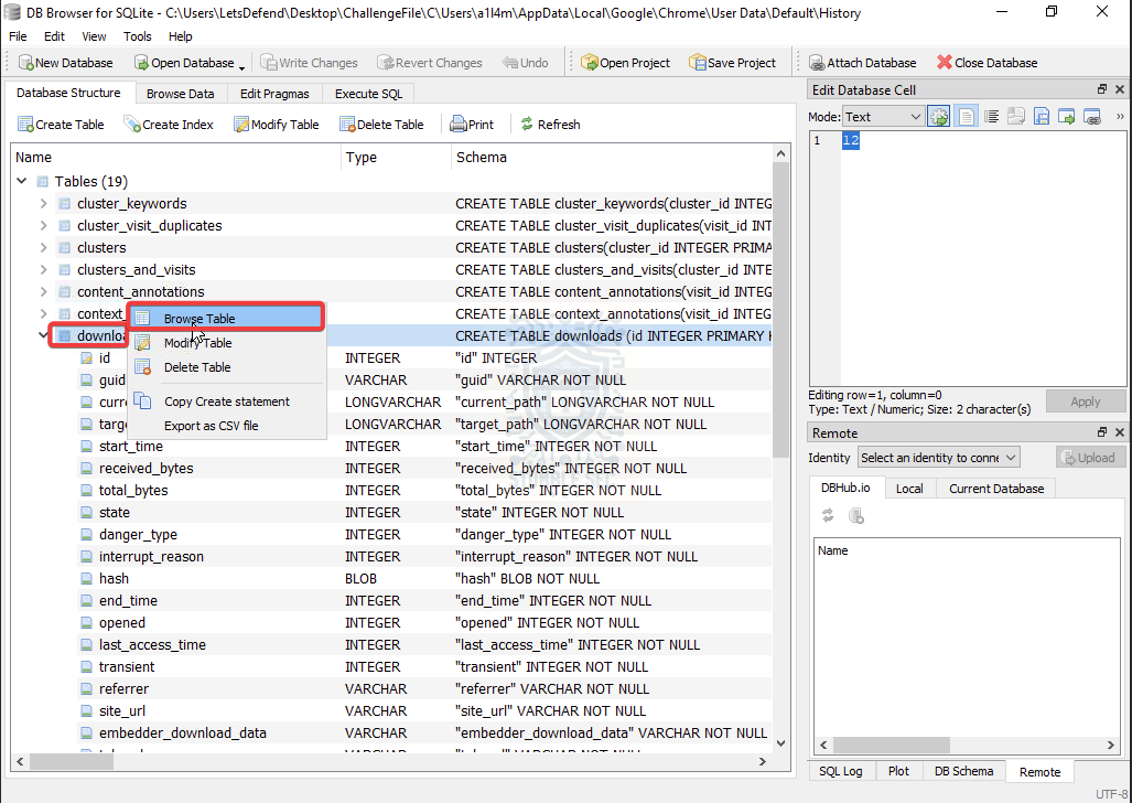 DB Browser: Locating the downloads table in the History database