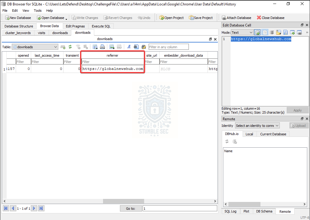 DB Browser: Identifying the referrer URL of the suspicious binary