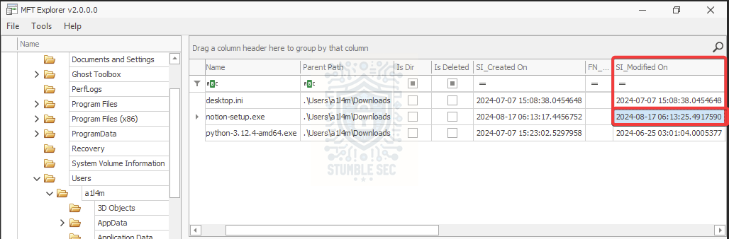 MFT Explorer: Identifying the notion-setup.exe download time