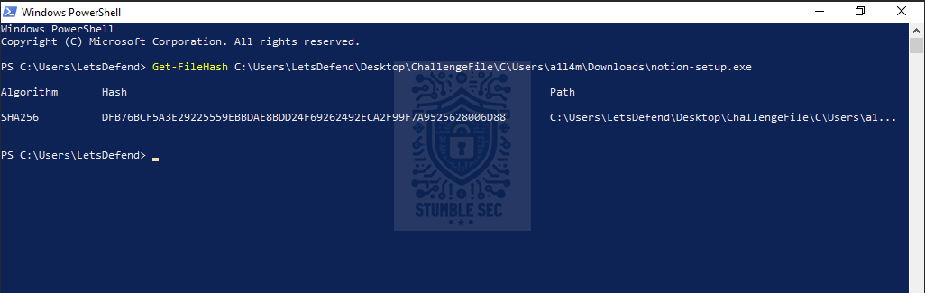 PowerShell: Collecting the file hash of the suspicious notion-setup.exe