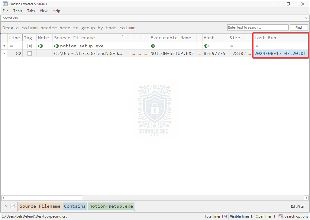 Timeline Explorer: Identifying the Last Run timestamp of notion-setup.exe
