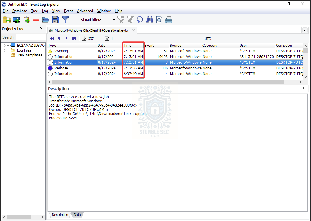 Event Log Explorer: Focusing on the BITS Client log during the range of the attack