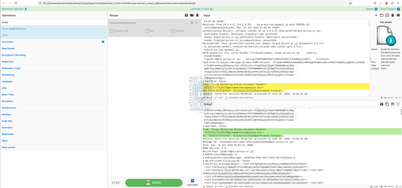 CyberChef: Identifying the from and to addresses of the phishing email